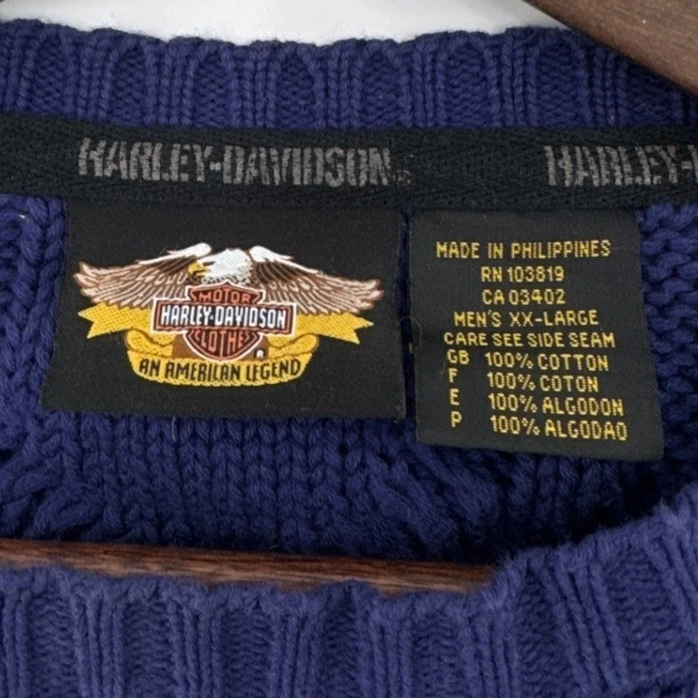 Harley-Davidson Mens XXL Navy Cable Knit‎ Cotton Crew Neck Sweater Logo Patch